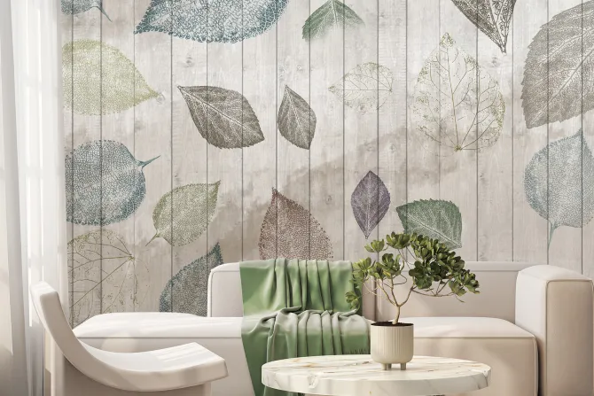 Fototapeta: Liście na drewnianym tle z desek styl rustykalny