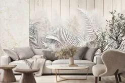 Fototapeta: Liście palm na drewnianych deskach
