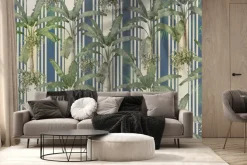 Fototapeta: Liście palm na tle niebieskich pasków