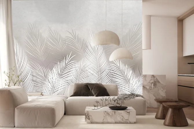 Fototapeta: Liście palmowe roślinny wzór na betonowej teksturze