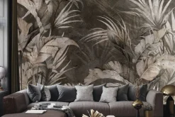 Fototapeta: Liście tropikalne na tle betonu w stylu industrialnym