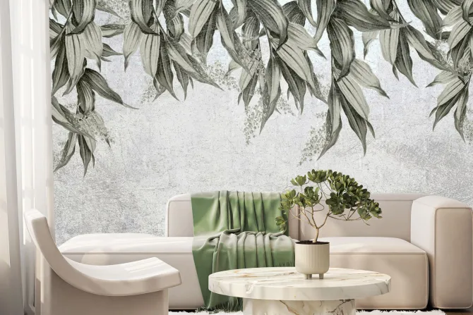 Fototapeta: Liście zwisające z góry na tle betonu