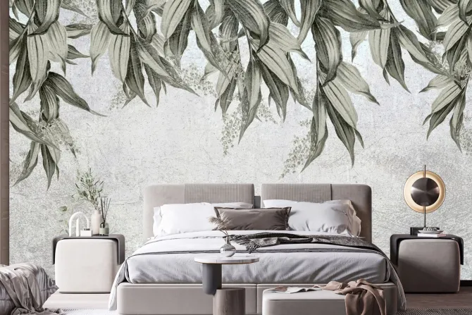 Fototapeta: Liście zwisające z góry na tle betonu