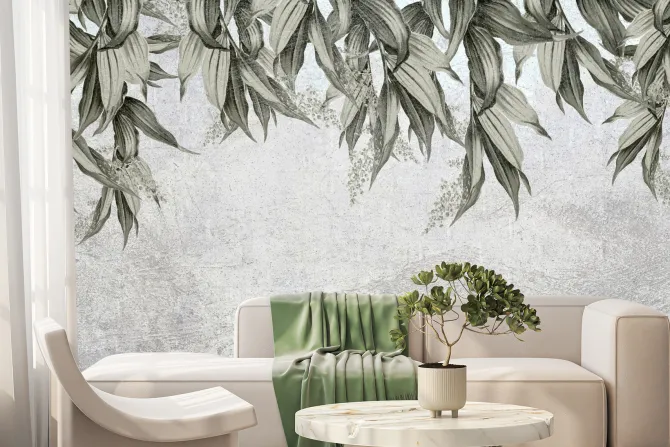 Fototapeta: Liście zwisające z góry na tle betonu