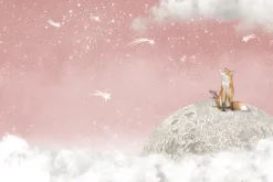 Fototapeta: Lis i myszka na księżycu różowe niebo z gwiazdami bajkowy motyw