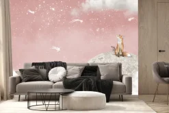 Fototapeta: Lis i myszka na księżycu różowe niebo z gwiazdami bajkowy motyw