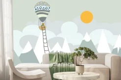 Fototapeta: Lis lecący balonem krajobraz z górami i słońcem