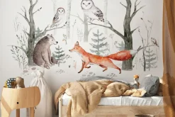 Fototapeta: Lis niedźwiadek i sowy w akwarelowym lesie