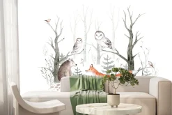 Fototapeta: Lis niedźwiadek i sowy w akwarelowym lesie