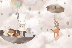 Fototapeta: Lis z żyrafą i słoniem na parasolu w chmurach