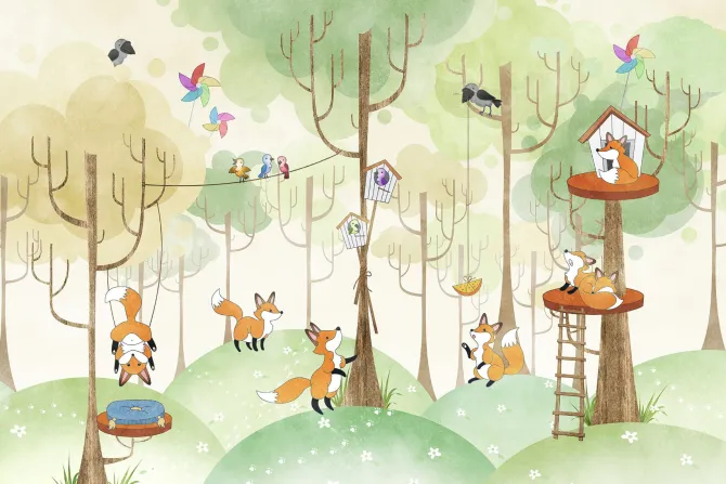 Fototapeta: Lisy bawiące się w lesie z wzgórzami