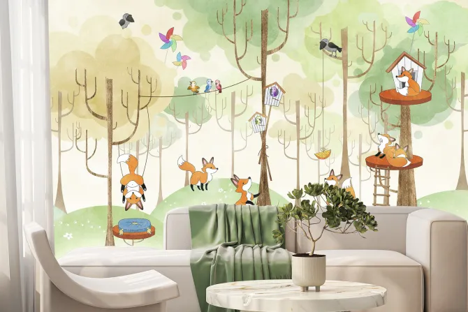 Fototapeta: Lisy bawiące się w lesie z wzgórzami