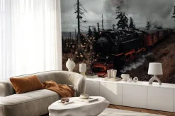 Fototapeta: Lokomotywa na torach wśród lasu