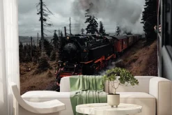 Fototapeta: Lokomotywa na torach wśród lasu