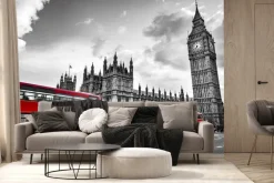 Fototapeta: Londyńskie ulice z czerwonymi autobusami w czerni i bieli