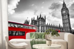 Fototapeta: Londyńskie ulice z czerwonymi autobusami w czerni i bieli