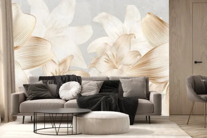 Fototapeta: Luxury art background with flowers lilies hand drawn in gold