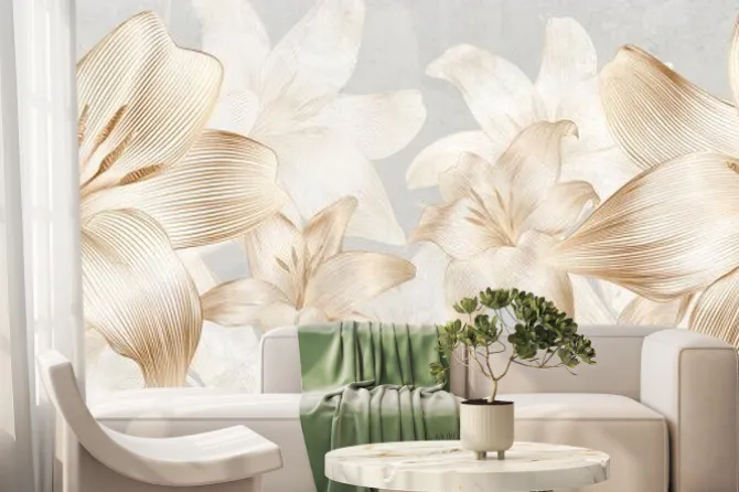 Fototapeta: Luxury art background with flowers lilies hand drawn in gold