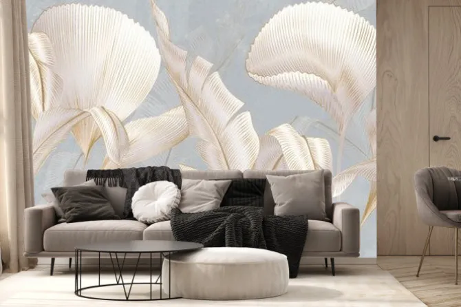 Fototapeta: Luxury botanical art background with white leaves of tropical