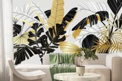 Fototapeta: Luxury gold and black tropical plant background vector. floral
