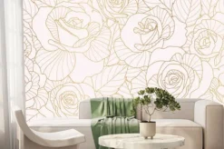Fototapeta: Luxury golden rose flower line art background vector. natural