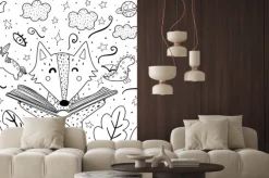 Fototapeta: Magic in the books coloring page with cute wolf. black and white