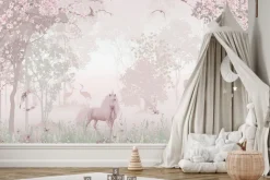 Fototapeta: Magiczny różowy las z jednorożcami i wróżkami