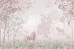 Fototapeta: Magiczny różowy las z jednorożcami i wróżkami