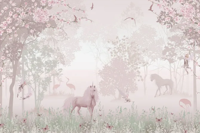 Fototapeta: Magiczny różowy las z jednorożcami i wróżkami