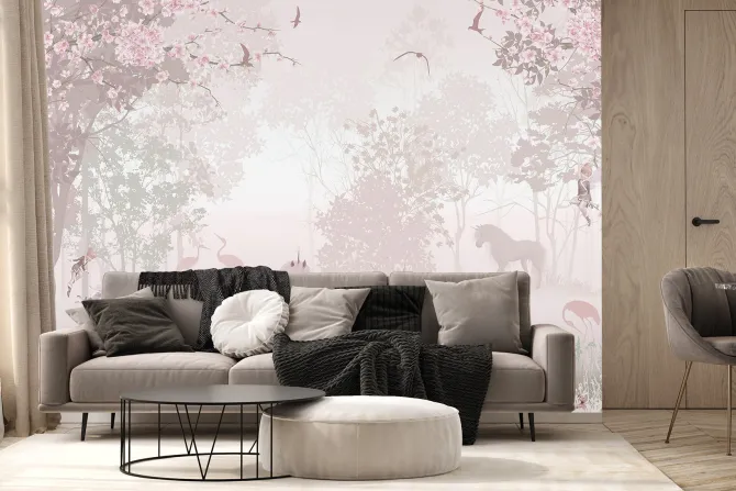 Fototapeta: Magiczny różowy las z jednorożcami i wróżkami