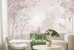 Fototapeta: Magiczny różowy las z jednorożcami i wróżkami