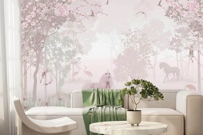 Fototapeta: Magiczny różowy las z jednorożcami i wróżkami