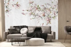 Fototapeta: Magnolia kwiaty na gałązkach drzewa na tle betonu