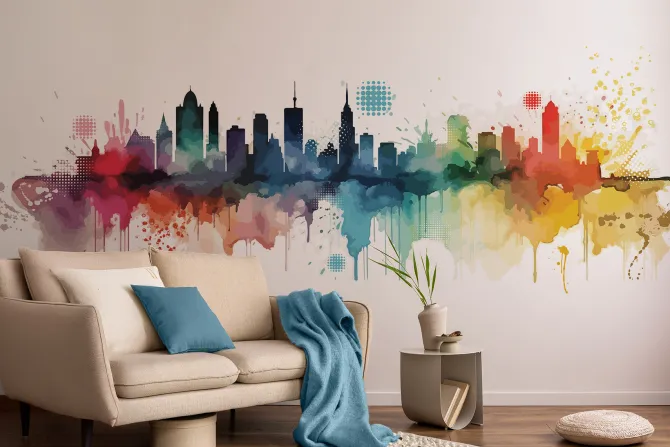 Fototapeta: Malowana akwarela miasta z budynkami