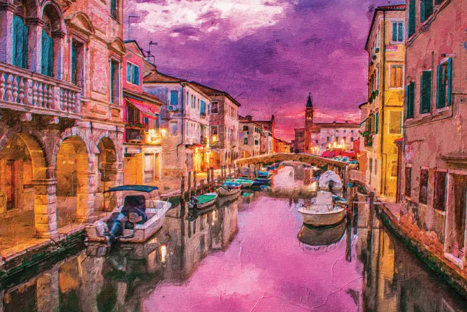 Fototapeta: Malowana wenecja z łódkami na tle katedry