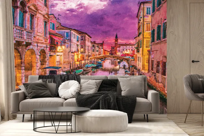 Fototapeta: Malowana wenecja z łódkami na tle katedry