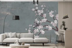 Fototapeta: Malowane białe kwiaty wiśni z ptakami na ścianie