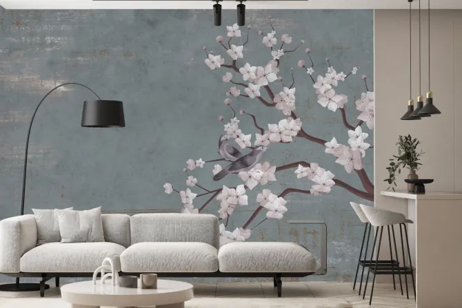 Fototapeta: Malowane białe kwiaty wiśni z ptakami na ścianie