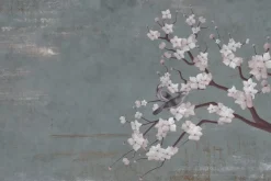 Fototapeta: Malowane białe kwiaty wiśni z ptakami na ścianie