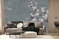 Fototapeta: Malowane białe kwiaty wiśni z ptakami na ścianie