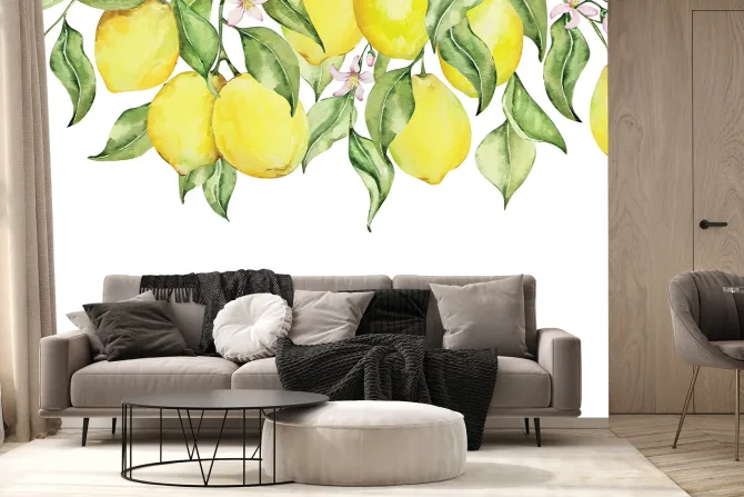 Fototapeta: Malowane cytryny wśród liści i kwiatów