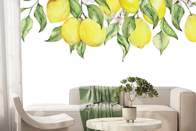 Fototapeta: Malowane cytryny wśród liści i kwiatów