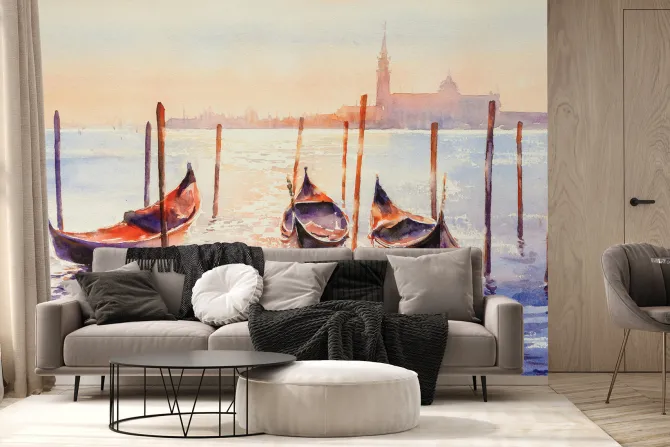 Fototapeta: Malowane gondole na wodzie z zachodem słońca