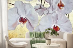 Fototapeta: Malowane orchidee na złotym tle