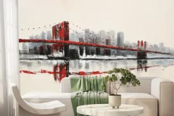 Fototapeta: Malowany czerwony most na tle miasta