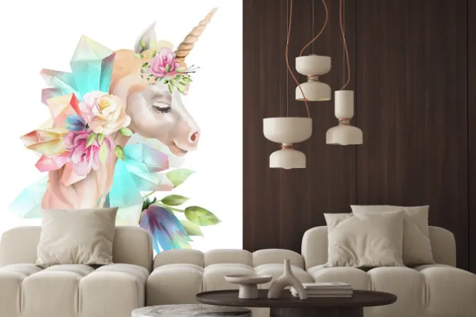 Fototapeta: Malowany jednorożec z błyszczącymi kryształami