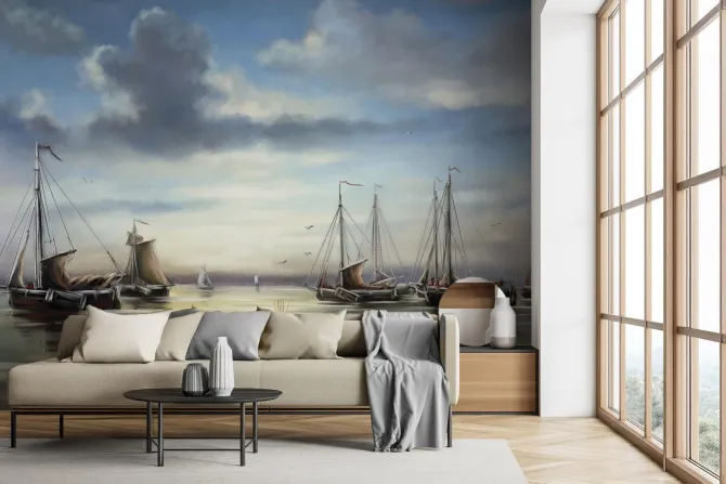 Fototapeta: Malowany krajobraz morza z żaglówkami