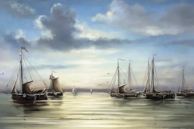 Fototapeta: Malowany krajobraz morza z żaglówkami