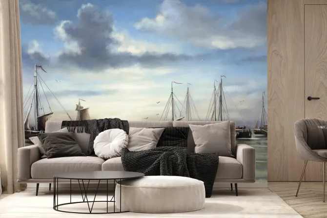 Fototapeta: Malowany krajobraz morza z żaglówkami