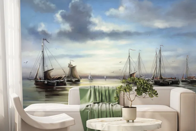 Fototapeta: Malowany krajobraz morza z żaglówkami